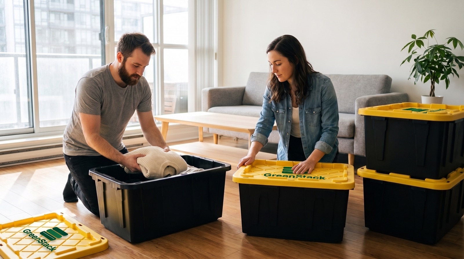 A couple packing GreenStack reusable moving bins in their condo living room